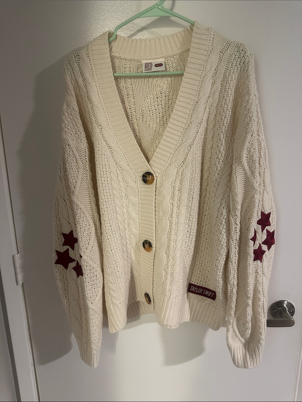 Taylor Swift Cream Cable-Knit Cardigan with Burgundy Star Details